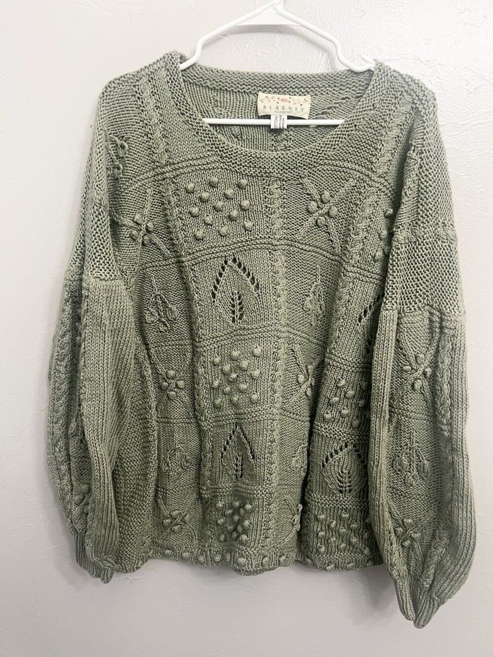 Vintge Blarney Hand knit Sweter XL Ireland 100% Cotton Aran Cottgecore Green